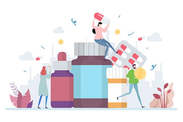 Illustration of large bottles of medication with small people climbing on them